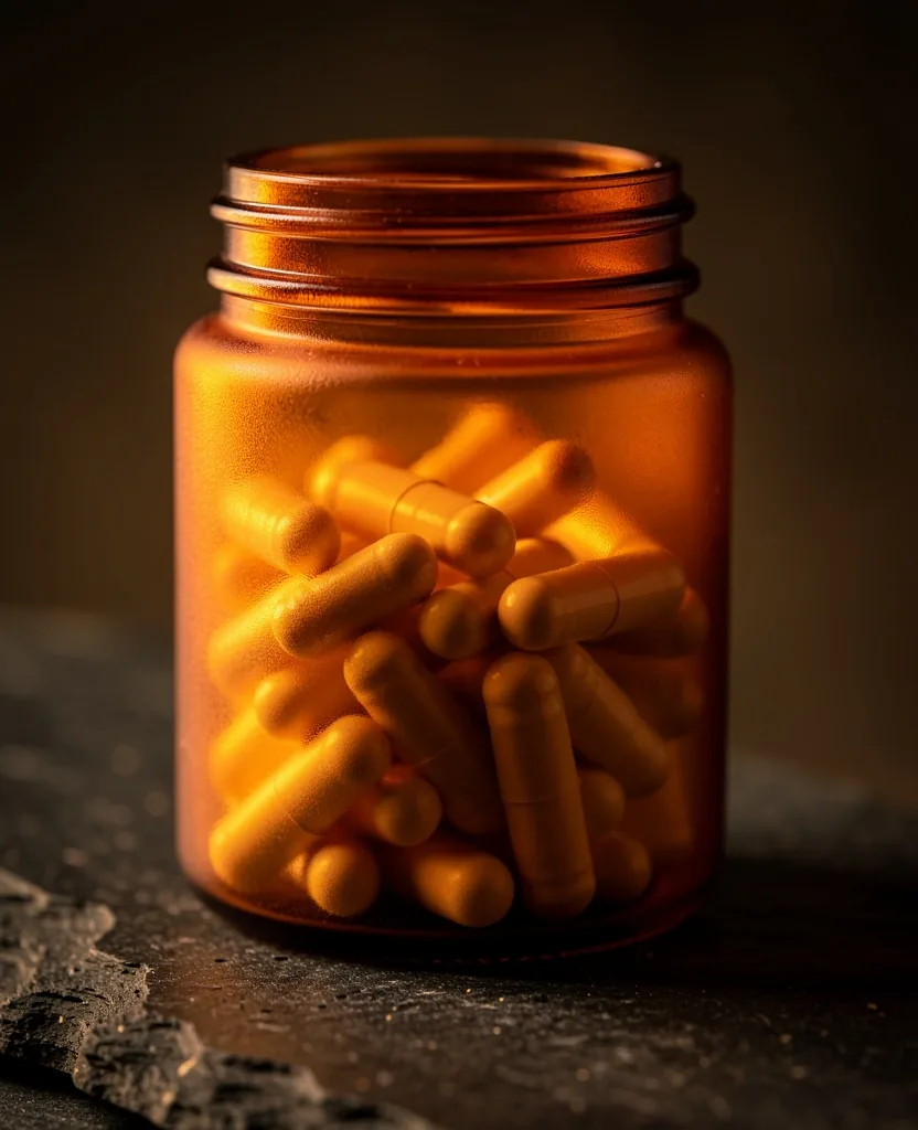 Glass jar of natural supplement capsules on a dark surface