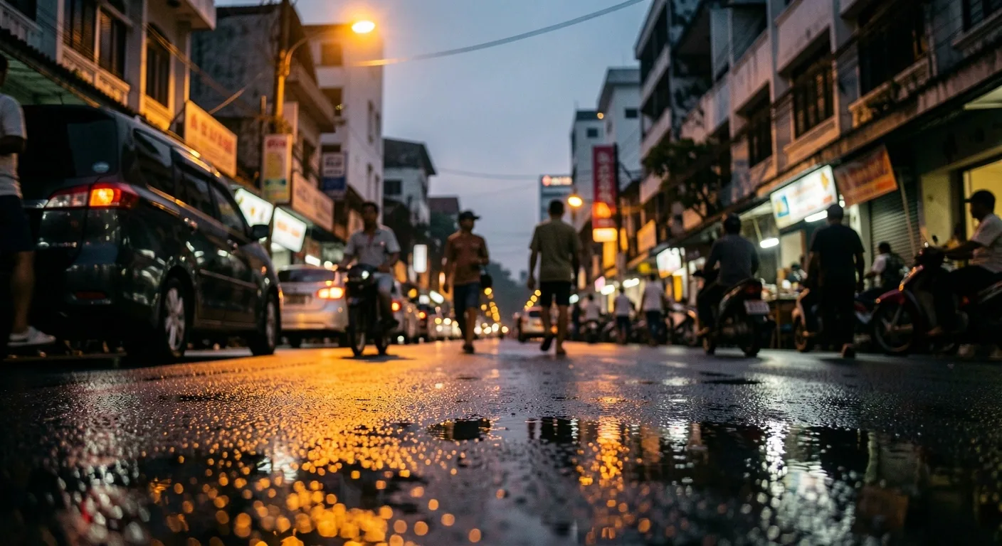 A Bandung street scene at dusk with warm streetlight reflections