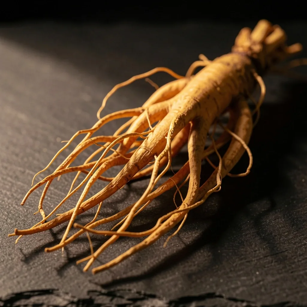 Dried Panax Ginseng root with visible branching tendrils