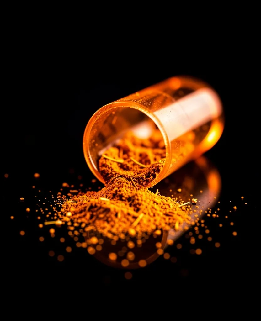 Macro photograph of a natural supplement capsule containing botanical powder