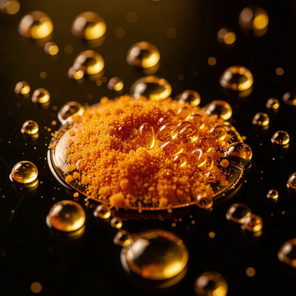 Macro view of CoQ10 crystalline powder forming droplets