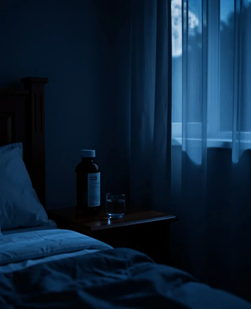 Restful bedroom setting with natural supplements on a nightstand under soft moonlight