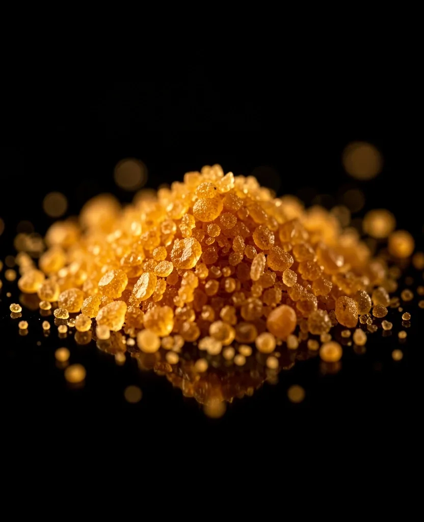 Crystalline vitamin D powder on a dark surface