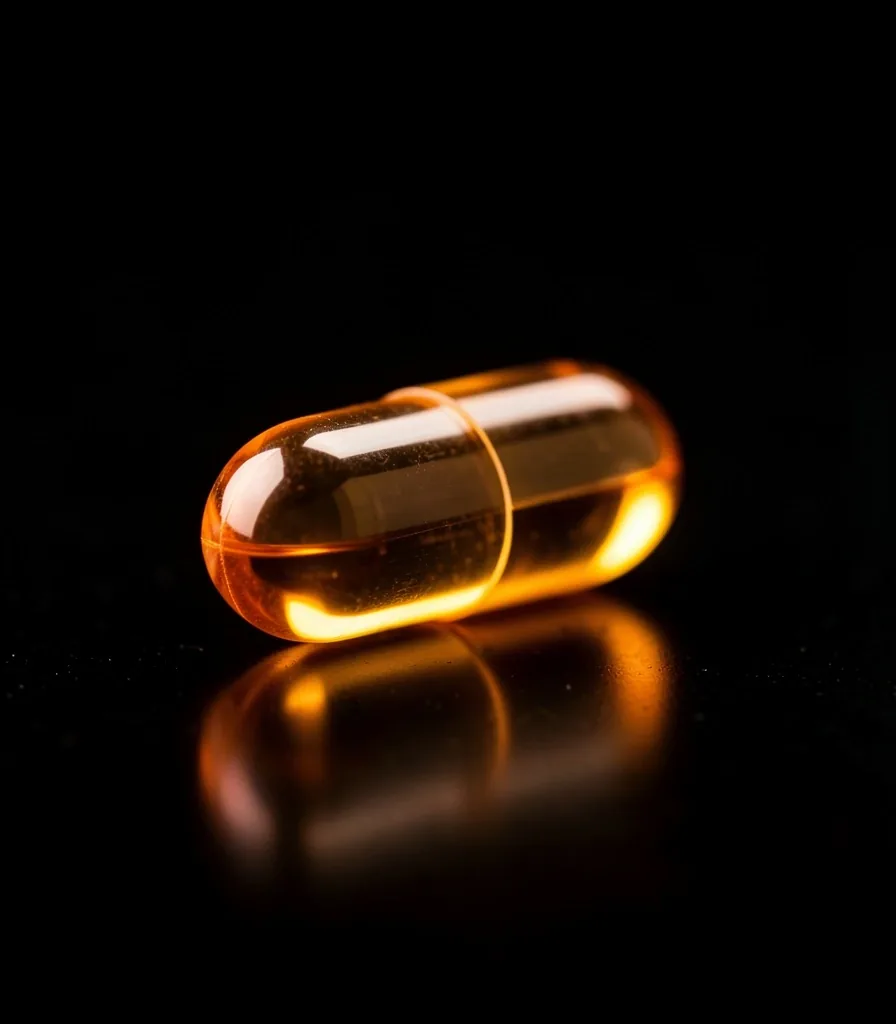 Macro view of a golden vitamin capsule on dark surface