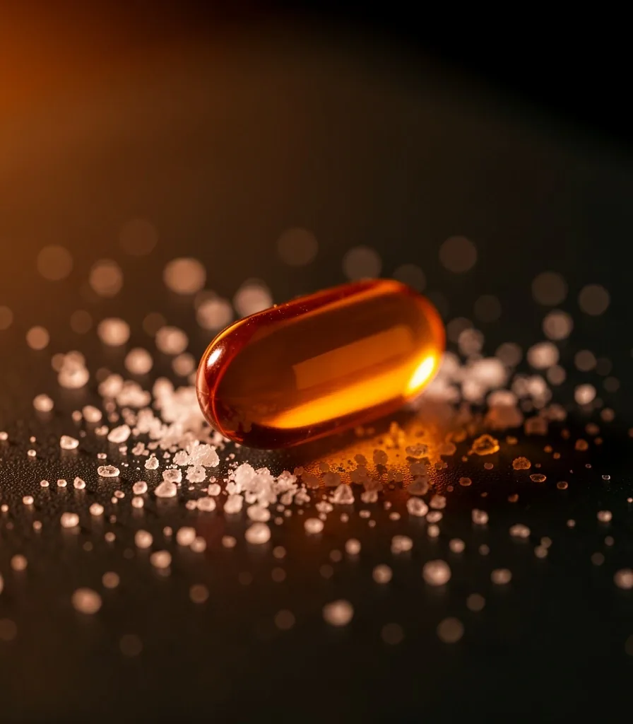 Macro view of a natural supplement capsule on dark glass