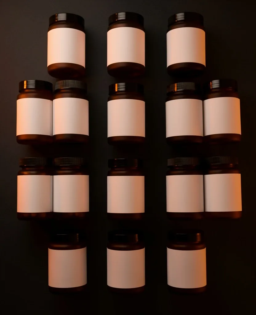 Collection of frosted glass supplement containers in a grid layout