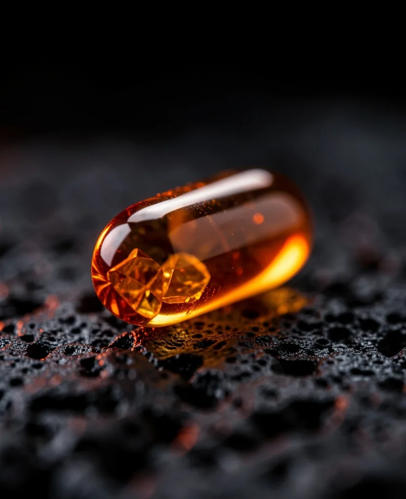 Macro view of a natural supplement capsule on a dark surface