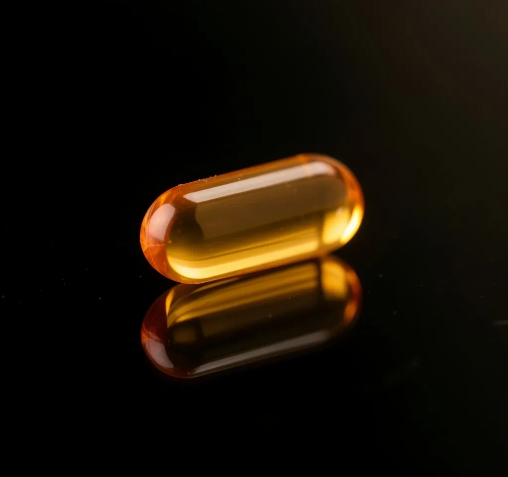 A single supplement capsule photographed under studio lighting on a dark glass surface