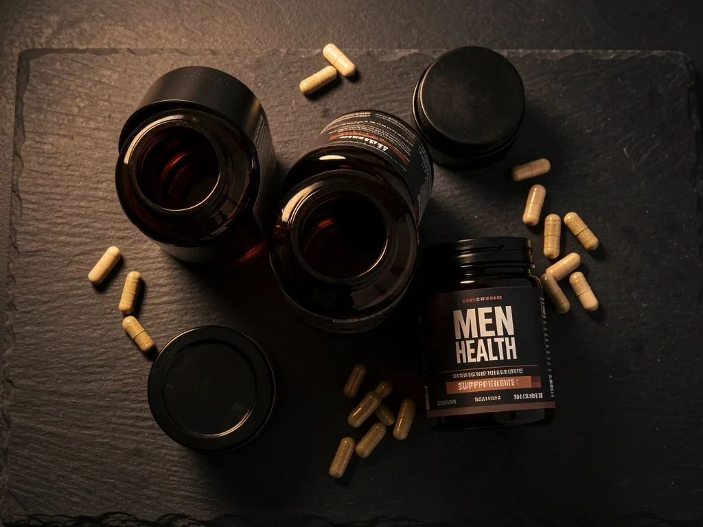 Glass jars of natural men's wellness supplements arranged on a dark surface